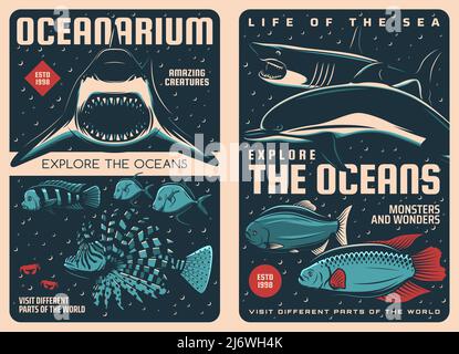 Affiches rétro d'animaux marins, poissons d'océanographie et monde sous-marin océanique, vecteur. La vie marine et les merveilles sous-marines exposition de monstres sauvages sous-marins ou merveilles, l'aventure de l'océanographie et du récif de corail Illustration de Vecteur