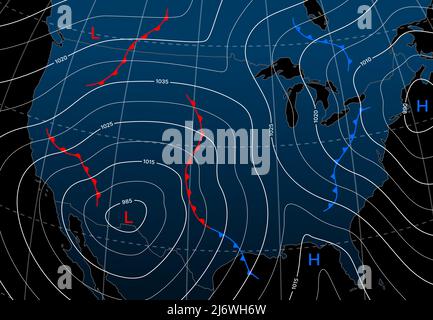 Prévisions météo isobar carte de nuit de l'Amérique du Nord, météorologie diagramme vectoriel de vents avant. Carte de l'Amérique du Nord avec prévisions météorologiques et isobar de température avec cartes de la pression et du vent Illustration de Vecteur
