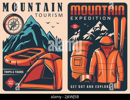 Affiches rétro de sport de montagne et d'escalade. Matériel d'expédition de tourisme de montagne, vêtements et l'équipement vecteur bannières rétro avec des sommets de montagnes, bateau gonflable et tente, sac à dos touristique, veste et ski Illustration de Vecteur