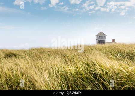 Ciel bleu et dunes avec de l'herbe devant le bâtiment vital de Provincetown Banque D'Images