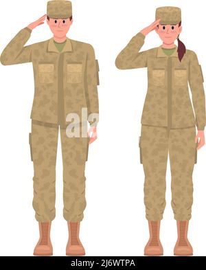 Des soldats hommes et femmes saluant des personnages vectoriels de couleur semi-plats Illustration de Vecteur