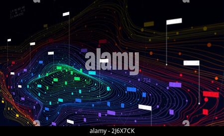 Visualisation futuriste du cloud numérique Big Data, technologie de tri et de stockage de l'information, structure des couleurs des réseaux neuronaux, écran de surveillance dans per Banque D'Images