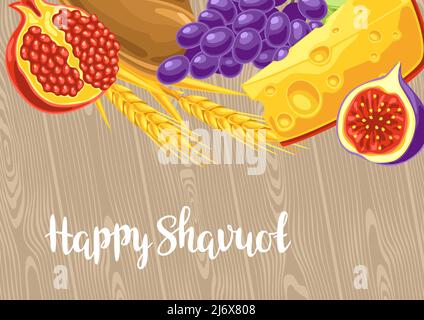 Carte de vœux Happy Shavuot. Arrière-plan de vacances avec symboles traditionnels du festival juif. Illustration de Vecteur