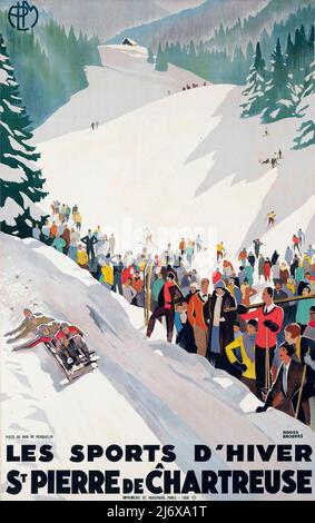 Affiche de voyage vintage 1920s - LES SPORTS d'HIVER - les sports d'hiver en Suisse Banque D'Images