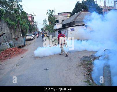 Un travailleur fumige une zone de marché en tant que mesure préventive contre les maladies transmises par les moustiques lors de la Journée mondiale contre le paludisme. La Journée mondiale contre le paludisme est célébrée chaque année le 25th avril pour attirer l'attention sur les efforts déployés pour mettre fin au paludisme et encourager les actions visant à réduire les souffrances et les décès dus à la maladie. Agartala, Tripura, Inde. Banque D'Images