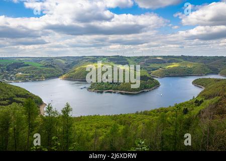 Vue panoramique sur le lac de Rursee dans le parc national d'Eifel en Allemagne Banque D'Images