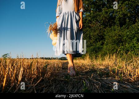 Connectez-vous à la nature, ralentissez, soyez présent, entrez dans vos sens. Femme pieds nus dans la robe bleu de lin marche à travers le champ de blé incliné. Banque D'Images