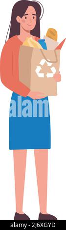 La fille a acheté les produits et les porte dans un sac écologique en papier, qui est recyclable. La femme a acheté des légumes et des produits d'épicerie. Illustration vectorielle de style plat sur fond blanc. Illustration de Vecteur