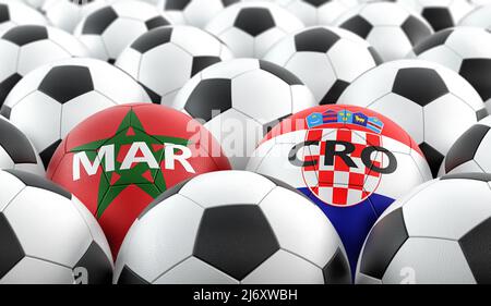 Match de football Croatie contre Maroc - balles en cuir en Croatie et au Maroc couleurs nationales. 3D rendu Banque D'Images