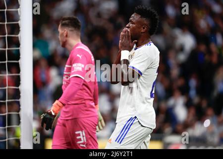 Espagne. 04th mai 2022. Vinicius Junior du Real Madrid pendant le match semi final Leg 2 de la Ligue des champions de l'UEFA entre le Real Madrid et Manchester City au stade Santiago Bernabeu de Madrid. Crédit : DAX Images/Alamy Live News Banque D'Images