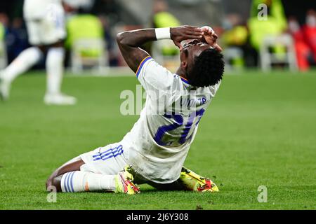 Espagne. 04th mai 2022. Vinicius Junior du Real Madrid pendant le match semi final Leg 2 de la Ligue des champions de l'UEFA entre le Real Madrid et Manchester City au stade Santiago Bernabeu de Madrid. Crédit : DAX Images/Alamy Live News Banque D'Images