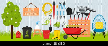 Une collection d'outils et d'équipements de jardin pour le jardinage sur le fond d'une clôture en bois et pelouse herbe.brouette, bottes en caoutchouc, pommier. LAR Illustration de Vecteur