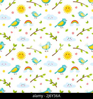 Motif sans couture avec oiseaux, brindilles, arcs-en-ciel, soleil et nuages. Joli dessin animé printemps, éléments vectoriels plats d'été. Modèle pour les textiles et les pac pour enfants Illustration de Vecteur