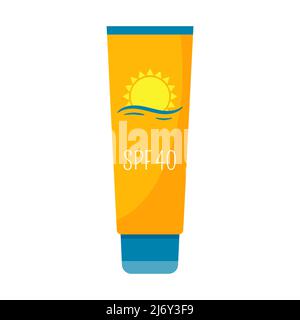 Écran solaire. Cosmétiques pour la protection contre les coups de soleil. Crème dans un tube avec un couvercle. Élément décoratif pour vacances d'été à la plage, vacances. Couleur plane, ect Illustration de Vecteur