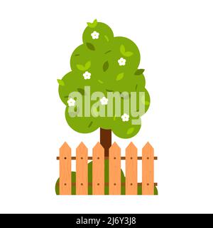 Un arbre simple, un pommier fleuri avec des fleurs blanches et une clôture en bois. Printemps, été, jardinage. Style dessin animé plat. Isolé sur un backgro blanc Illustration de Vecteur