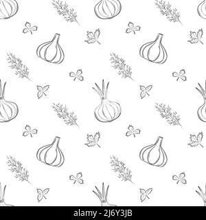 Motif sans couture avec oignon et ail. Motif noir et blanc avec légumes. Les éléments du style linéaire sont isolés sans arrière-plan. Pour d Illustration de Vecteur