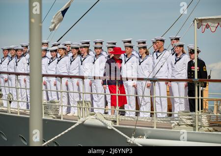 La reine Margrethe II du Danemark assiste à une cérémonie marquant le début de la saison de voile du navire royal Dannebrog dans le port de Copenhague, au Danemark, le 4 mai 2022. Le Royal Ship Dannebro célèbre son anniversaire de 90th en 2022. Photo de Stefan Lindblom/Stella Pictures/ABACAPRESS.COM Banque D'Images