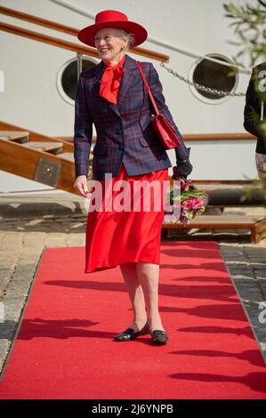 La reine Margrethe II du Danemark assiste à une cérémonie marquant le début de la saison de voile du navire royal Dannebrog dans le port de Copenhague, au Danemark, le 4 mai 2022. Le Royal Ship Dannebro célèbre son anniversaire de 90th en 2022. Photo de Stefan Lindblom/Stella Pictures/ABACAPRESS.COM Banque D'Images