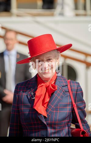 La reine Margrethe II du Danemark assiste à une cérémonie marquant le début de la saison de voile du navire royal Dannebrog dans le port de Copenhague, au Danemark, le 4 mai 2022. Le Royal Ship Dannebro célèbre son anniversaire de 90th en 2022. Photo de Stefan Lindblom/Stella Pictures/ABACAPRESS.COM Banque D'Images