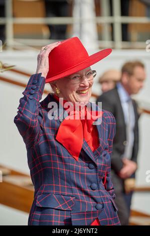 La reine Margrethe II du Danemark assiste à une cérémonie marquant le début de la saison de voile du navire royal Dannebrog dans le port de Copenhague, au Danemark, le 4 mai 2022. Le Royal Ship Dannebro célèbre son anniversaire de 90th en 2022. Photo de Stefan Lindblom/Stella Pictures/ABACAPRESS.COM Banque D'Images