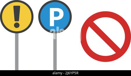 Mise en garde et poteau de signalisation de stationnement, ensemble d'icônes de panneau d'arrêt. Vecteur modifiable. Illustration de Vecteur