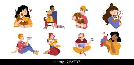 Les gens tiennent des oiseaux, des poissons dans l'aquarium et des animaux de compagnie de hug.illustration vectorielle plate de propriétaires d'animaux domestiques heureux, des femmes et des personnages d'homme avec des chiens mignons, lapin, chat, perroquet et lézard Illustration de Vecteur