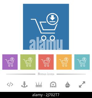 Panier télécharger contour plate blanc icônes dans des fonds carrés. 6 icônes bonus incluses. Illustration de Vecteur