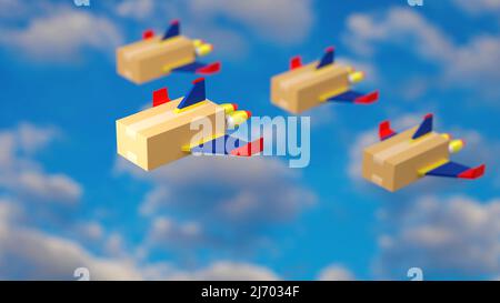 Boîte carton emballage carton avion à ailes et vapeur voler plus rapidement, livraison rapide ou livraison en ligne concept de service, rendu 3D. Banque D'Images