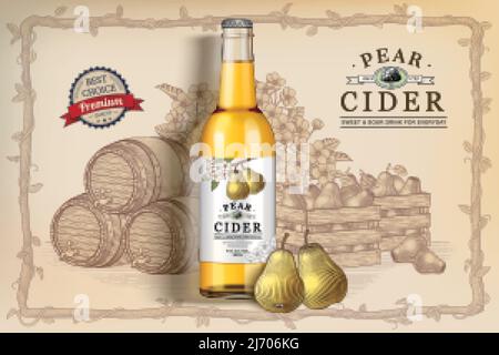 Bannière de cidre de poire. Bouteille de cidre de poire en 3D illustration avec poires de style gravées, distributeur de barils en bois et caisses de fruits Illustration de Vecteur