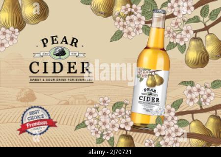 Publicité en promotion sur le cidre de poire. 3D Illustration d'une bouteille de cidre de poire entourée d'une branche de poire gravée sur fond de verger Illustration de Vecteur