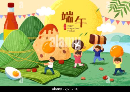 Les enfants asiatiques déplacent les ingrédients du zongzi vers les boulettes de riz enveloppées sur la prairie avec une sauce Chili douce. Texte du Festival Duanwu sur l Illustration de Vecteur