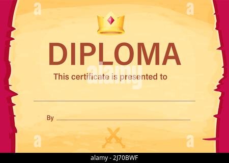 Diplôme, certificat de fond rouge avec parchemin décoré avec couronne, diplômé en style de dessin animé. . Illustration vectorielle Illustration de Vecteur