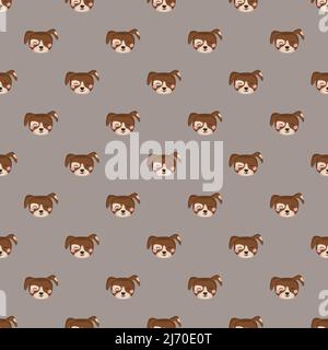 Motif sans coutures avec un joli chiot de style puéril, sourire museau et yeux sur fond gris. Imprimé animal de compagnie drôle avec visage heureux. Illustration vectorielle plate pour les vacances Illustration de Vecteur
