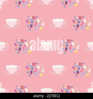Tasse de thé dessinés à la main et motif fleuri sans couture sur fond rose. Illustration de Vecteur