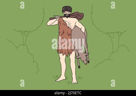 Caveman de l'âge de pierre dans les vêtements traditionnels de tribu tiennent les proies dans les mains. Homme archaïque primitif avec cudgel. Les temps tribaux. Illustration vectorielle plate, personnage de dessin animé. Illustration de Vecteur