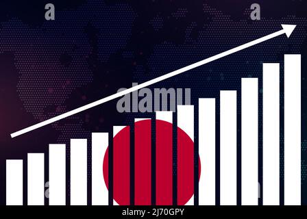 Graphique à barres du Japon, valeurs croissantes, drapeau du Japon sur le graphique à barres, flèche ascendante sur les données, idée de bannière d'actualité, concept de pays en développement Banque D'Images