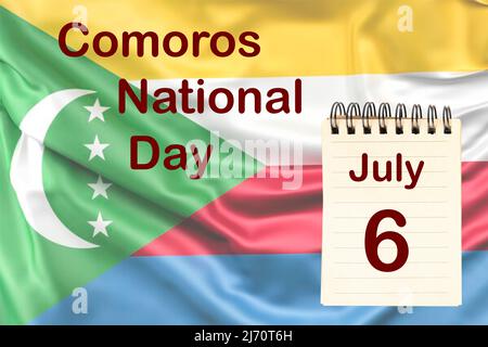 La célébration de la Journée nationale des Comores avec le drapeau et le calendrier indiquant le 6 juillet Banque D'Images