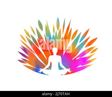 Logo yoga coloré. Position Lotus. Illustration vectorielle. Silhouette humaine avec fleur de lotus Illustration de Vecteur