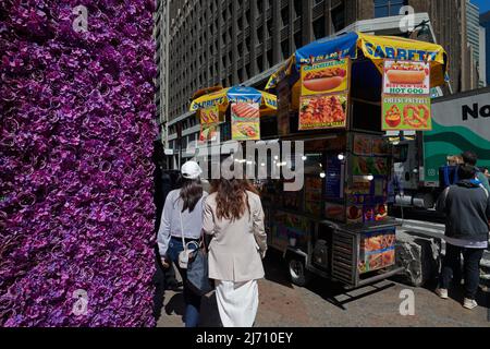 Les camions de nourriture Halal Guys sont dans les coins de rue dans toute la ville de New York Banque D'Images