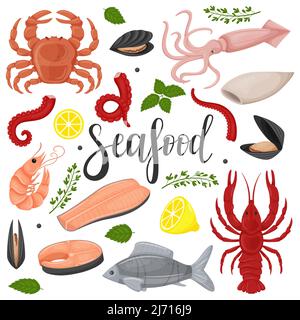 Un ensemble de fruits de mer. Calmar, poulpe, poisson rouge, filet, moules, crabe, écrevisse, citron, brindilles vertes. Une collection dans un style de dessin animé plat. Vecteur de couleur il Illustration de Vecteur