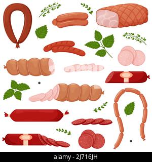 Ensemble de saucisses cuites et fumées, saucisses de francfort, saucisse entière, moitié, tranché, porc bouilli, chaîne de saucisses, brindilles et feuilles vertes. Nourriture, viande Illustration de Vecteur