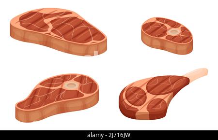 Un ensemble de morceaux de viande grillée avec des couches de graisse. Porte-fusée avec os, lame d'épaule, filet. Viande frite cuite. Illustration vectorielle plate iso Illustration de Vecteur