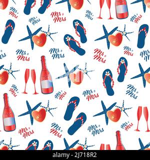 Vector MR et MRS typographie, tongs chaussures, étoiles de mer, coeurs, coquillages verres à champagne. Arrière-plan de mariage de plage rouge, blanc et bleu sans couture Illustration de Vecteur