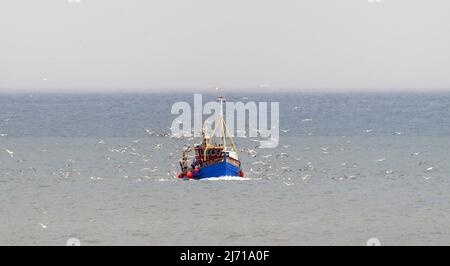 Un chalutier retourne au quai de pêche de North Shields avec ses prises de la mer du Nord. Date de la photo: Jeudi 5 mai 2022. Banque D'Images