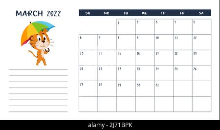 Modèle de page de calendrier horizontal pour le mois de mars 2022 avec un symbole d'année en chinois. La semaine commence le dimanche. Le tigre marche sous un parapluie. Illustration de Vecteur