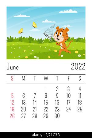 Modèle de conception. Calendrier pour 2022, juin. Le joli dessin animé tigre traverse le terrain et attrape des papillons. Paysage d'été. Le symbole de l'année. Illustration de Vecteur