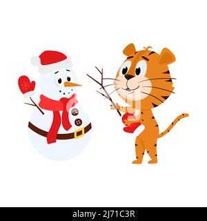 Un tigre fait un bonhomme de neige. Joli personnage de dessin animé. Le tigre est le symbole de l'année 2022. Illustration vectorielle pour les enfants. Isolé sur un fond blanc Illustration de Vecteur