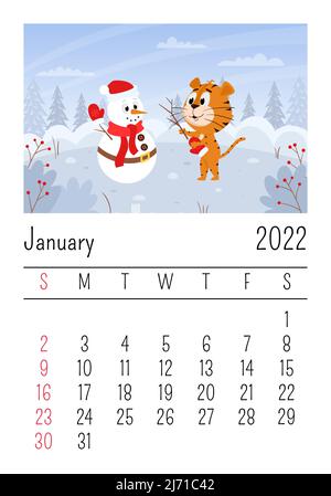 Modèle de conception pour le calendrier 2022, janvier. Joli dessin animé tigre avec bonhomme de neige. Paysage d'hiver avec une forêt. Le symbole de l'année. Animal Illustration de Vecteur