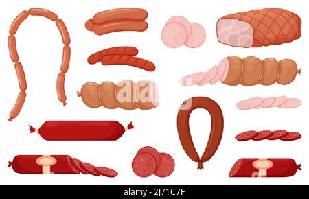 Ensemble de saucisses cuites et fumées, saucisses de francfort, saucisses grillées, saucisses entières, moitié, tranché, porc bouilli, chaîne de saucisses. Nourriture, viande dis Illustration de Vecteur