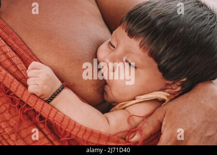 Mère indienne de la tribu amazonienne des Arawetes au Brésil portant bébé sur une élingue. Banque D'Images